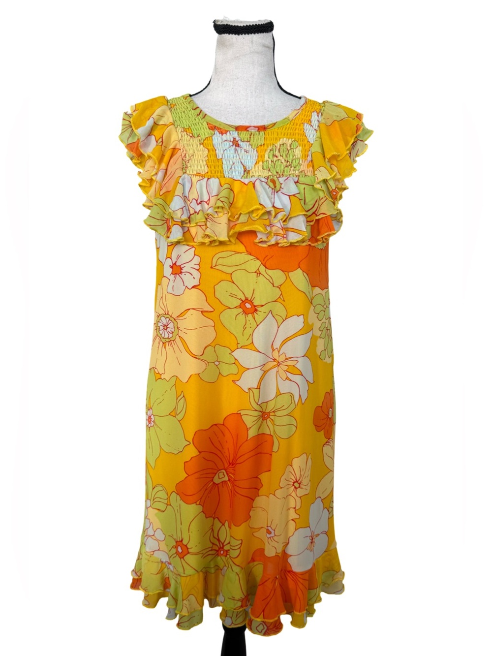 ModCloth Yellow Orange Floral Ruffle Mini Dress Smocked Yoke Sleeveless Small